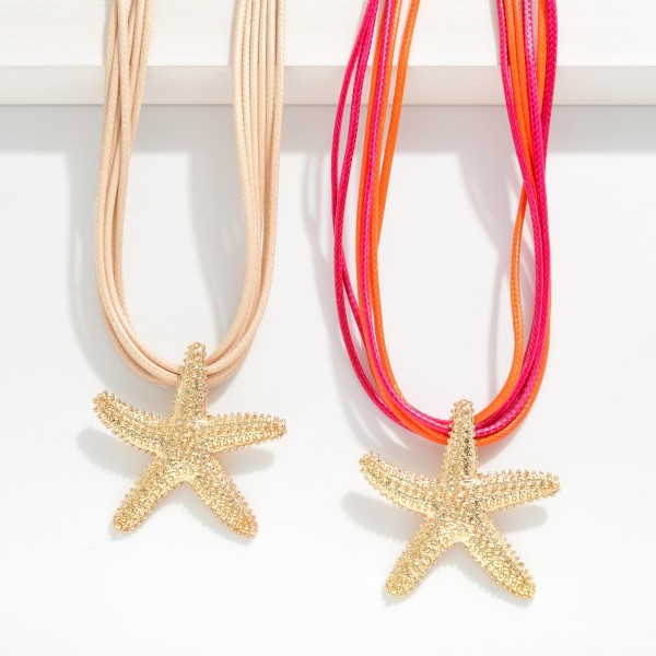 Layered Wax Cord Necklace Featuring Metal Tone Starfish Pendant 

- Approximately 16" L
- Extender 3" L