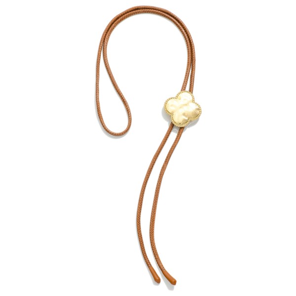 Leather Bolo Necklace Featuring Hammered Metal Clover Pendant

- Adjust To The Length Of Your Choosing
- Approximately 36" L

