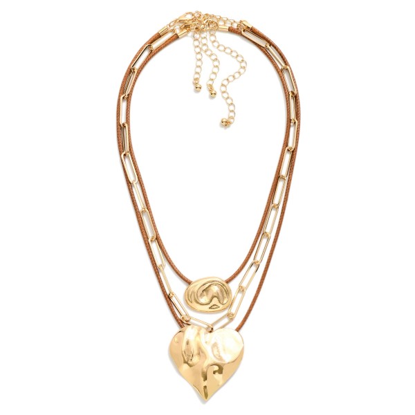 Set Of Two Chain Link & Wax Cord Necklaces Featuring Metal Tone Geometric Shape & Heart Pendants 

- Approximately 16" L
- Extender 3" L