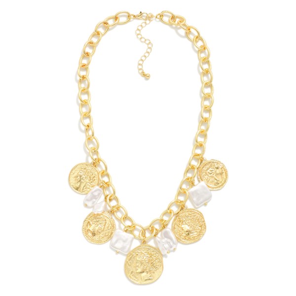 Metal Tone Chain Link Charm Necklace Featuring Square Pearls & Medallions 

- Approximately 16" L
- Extender 2" L