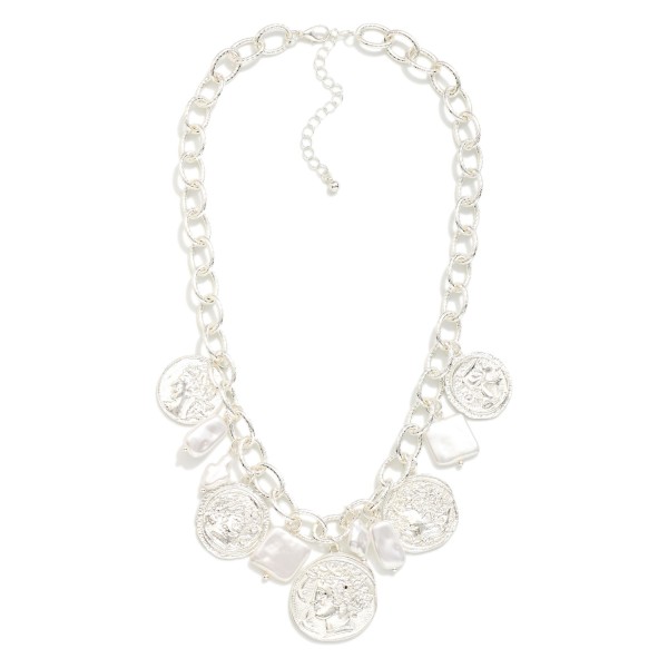 Metal Tone Chain Link Charm Necklace Featuring Square Pearls & Medallions 

- Approximately 16" L
- Extender 2" L