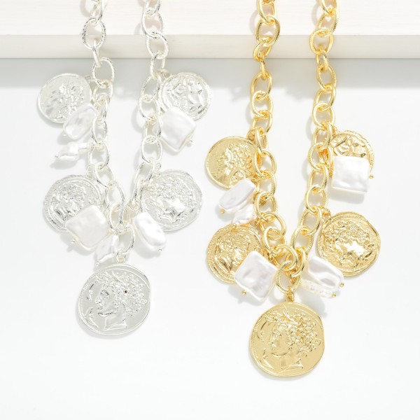Metal Tone Chain Link Charm Necklace Featuring Square Pearls & Medallions 

- Approximately 16" L
- Extender 2" L