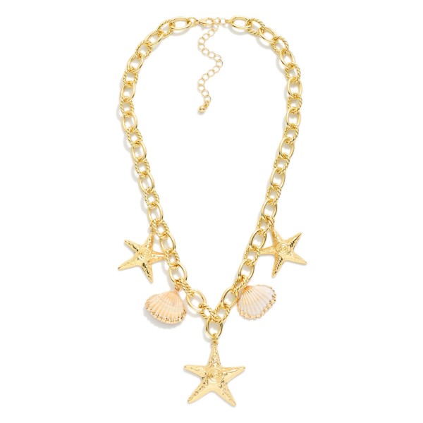 Chain Link Charm Necklace Featuring Metal Tone Starfish &  Shell Charms 

- Approximately 16" L
- Extender 2" L 