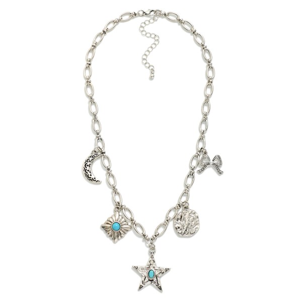 Chain Link Charm Necklace Featuring Metal Tone Charms & Blue Beaded Detail 

- Approximately 16" L 
- Extender 3" L 