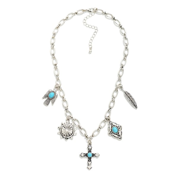 Chain Link Necklace Featuring Metal Charms And Stone Accents 

- Approximately 19" L 
- Extender 3" L 