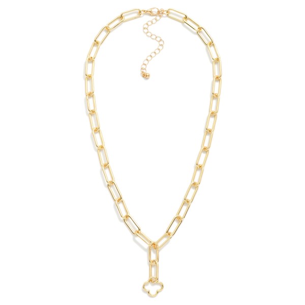 Paperclip Metal Tone Chain Link Necklace Featuring Metal Tone Clover Pendant 

- Approximately 16" L
- Extender 2" L

