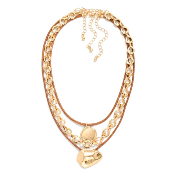 Set Of Three Chain Link & Wax Cord Necklaces Featuring Metal Tone Geometric Shape Pendants 

- Approximately 16" L
- Extender 3" L