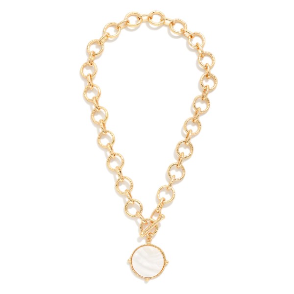 Hammered Metal Circle Link Chain Link Necklace Featuring Acetate Circle & Toggle Clasp Pendant

- Approximately 16" L 