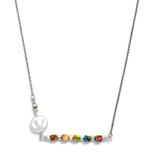 Chain Link Necklace Featuring Stone Beaded Bar & Pearl Pendant 

- Approximately 14" L
- Extender 3" L