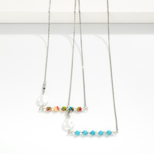 Chain Link Necklace Featuring Stone Beaded Bar & Pearl Pendant 

- Approximately 14" L
- Extender 3" L