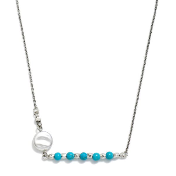 Chain Link Necklace Featuring Stone Beaded Bar & Pearl Pendant 

- Approximately 14" L
- Extender 3" L
