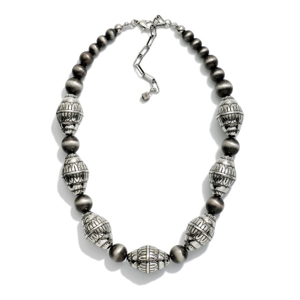 Brushed Metal Bead& Engraved Cylinder Bead Beaded Necklace 

- Approximately 14" L
- Extender 3" L
