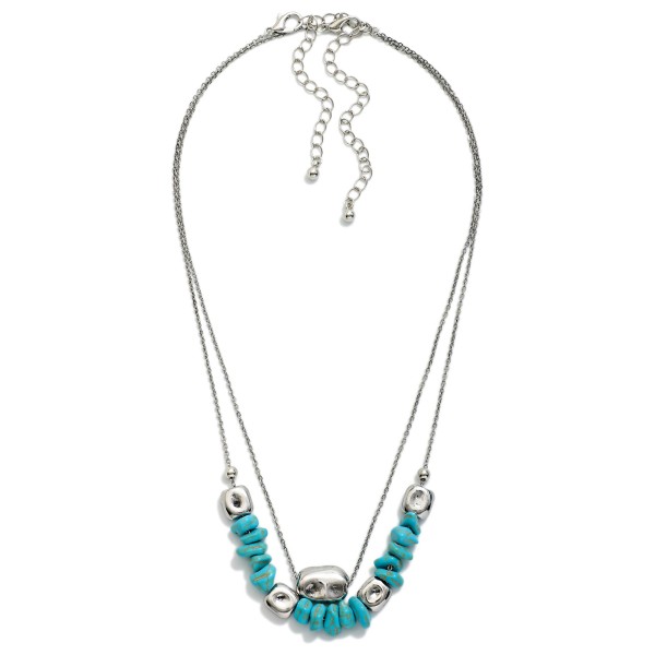 Layered Chain Link Necklace Featuring Turquoise & Metal Tone Nugget Beaded Detail 

- Approximately 14" L
- Extender 3" L