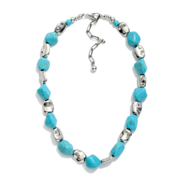Metal Tone & Turquoise Nugget Bead Beaded Necklace 

- Approximately 14" L
- Extender 2" L