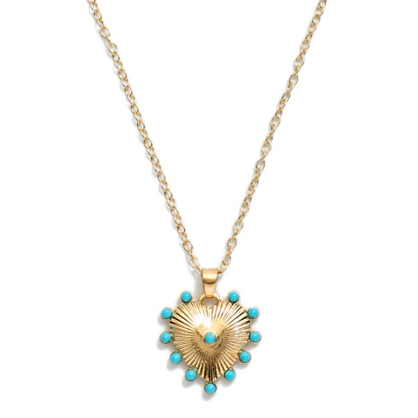 Chain Link Necklace Featuring Ribbed Metal Tone Heart Pendant With Turquoise Stud Details 

- Approximately 14" L
- Extender 3" L