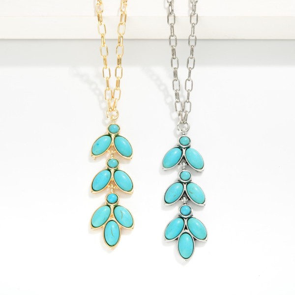 Chain Link Necklace Featuring Turquoise Leaves Pendant 

- Approximately 16" L
- Extender 3" L