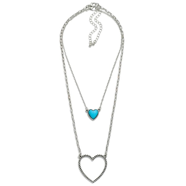 Layered Chain Link Necklace Featuring Stone Heart & Twisted Metal Heart Pendants 

- Approximately 14" L
- Extender 3" L