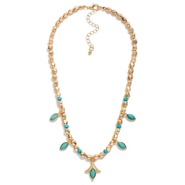 Metal Nugget Beaded Necklace Featuring Turquoise Charms & Tulip Pendant 

- Approximately 14" L
- Extender 3" L