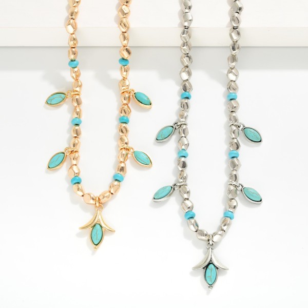 Metal Nugget Beaded Necklace Featuring Turquoise Charms & Tulip Pendant 

- Approximately 14" L
- Extender 3" L