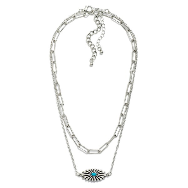 Layered Chain Link Necklace Featuring Concho Pendant With Turquoise Detail 

- Approximately 14" L
- Extender 3" L