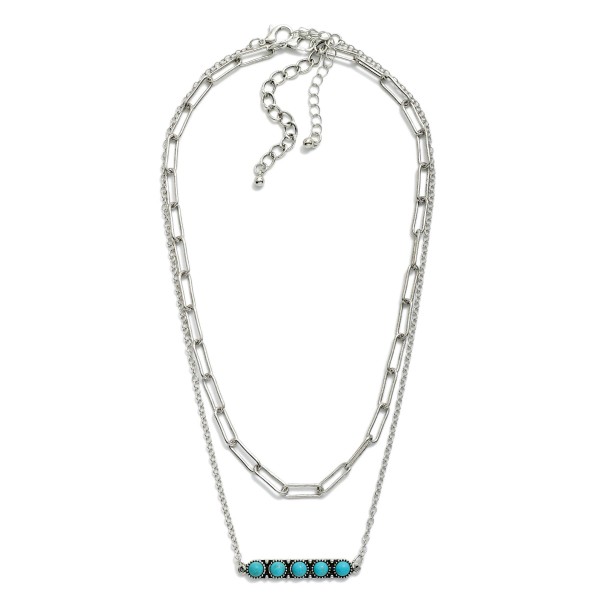 Layered Chain Link Necklace Featuring Studded Turquoise Bar Pendant 

- Approximately 14" L
- Extender 3" L