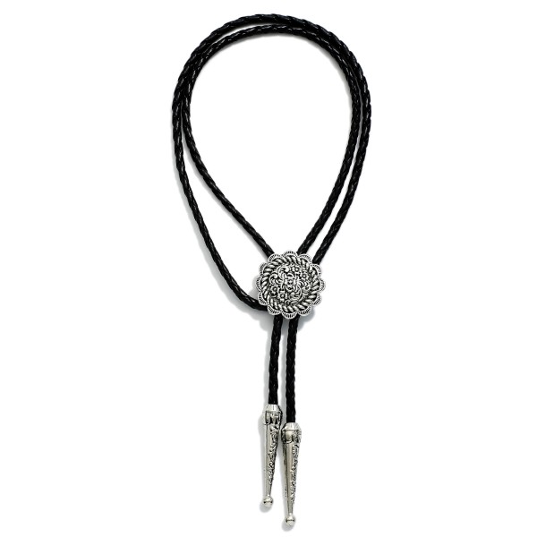 Braided Leather Bolo Necklace Featuring Engraved Scalloped Concho 

- Approximately 18" L