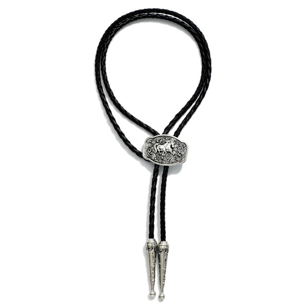 Braided Leather Bolo Necklace Featuring Engraved Horse Concho 

- Approximately 18" L