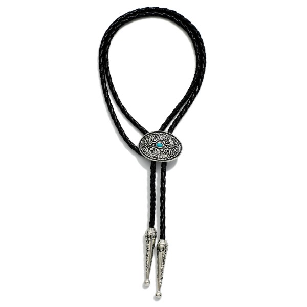 Braided Leather Bolo Necklace Featuring Baroque Engraved Concho With Turquoise Stone 

- Approximately 18" L