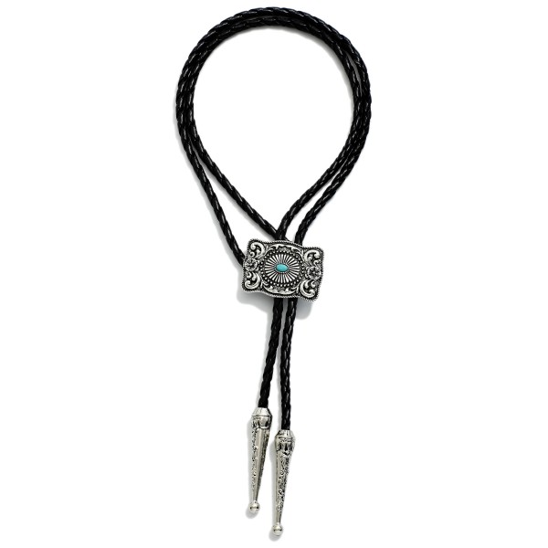Braided Leather Bolo Necklace Featuring Engraved Concho With Turquoise Stone 

- Approximately 18" L