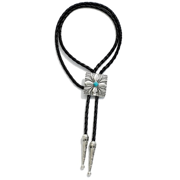 Braided Leather Bolo Necklace Featuring Concho With Engraved Flower & Turquoise Stone 

- Approximately 18" L