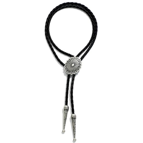 Braided Leather Bolo Necklace Featuring Engraved Concho 

- Approximately 18" L