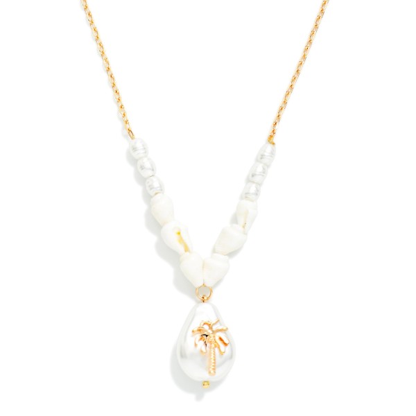 Metal Tone Chain Link Necklace With Pearl And Shell Beads Featuring Baroque Pearl With Palm Tree Pendant 

- Approximately 16" L 
- Extender 3" L 