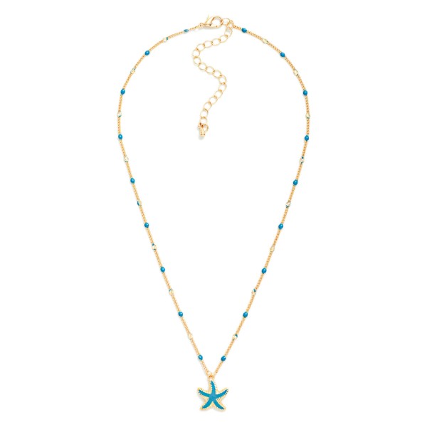 Metal Tone Dainty Chain Link Necklace With Painted Link Detail Featuring Starfish Pendant 

- Approximately 16"L 
- Extender 3" L 