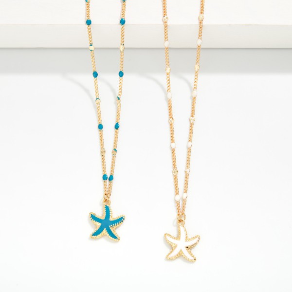 Metal Tone Dainty Chain Link Necklace With Painted Link Detail Featuring Starfish Pendant 

- Approximately 16"L 
- Extender 3" L 