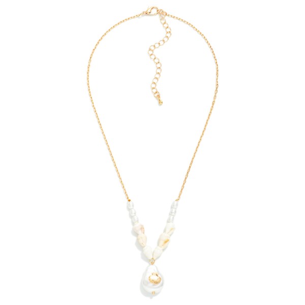 Metal Tone Chain Link Necklace With Pearl And Shell Beads Featuring Baroque Pearl With Shell Pendant 

- Approximately 16" L 
- Extender 3" L 