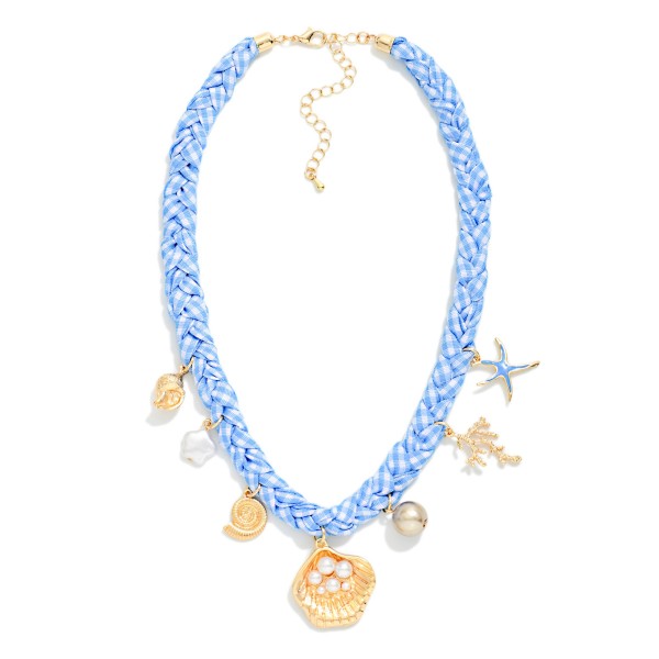 Braided Scarf Necklace Featuring Metal Charms & Shells 

- Approximately 18" L 
- Extender 3" L 