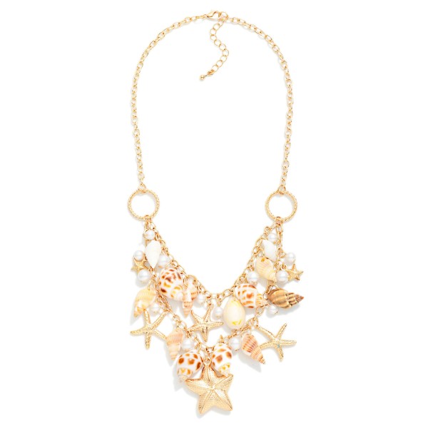 Chain Link Shell Charm Necklace With Metal Tone Starfish Details

- Approximately 16" L
- Extender 3" L