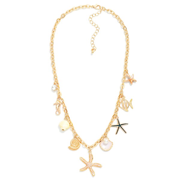 Chain Link Charm Necklace Featuring Starfish & Shell Charms 

- Approximately 16" L
- Extender 3" L