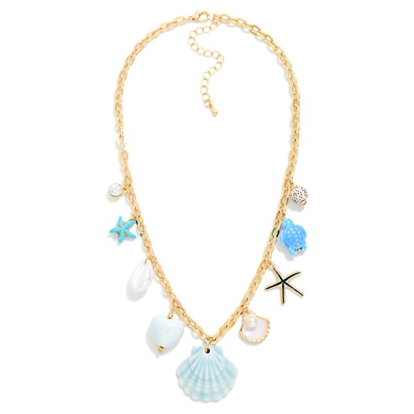 Metal Tone Chain Link Necklace Featuring Pearls & Porcelain Beach Charms

- Approximately 16" L 
- Extender 3" L 