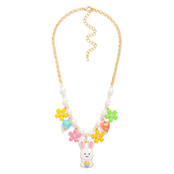 Chain Link Easter Charm Necklace Featuring Enamel Flowers & Easter Bunny Charms 

- Approximately 16" L
- Extender 3" L
