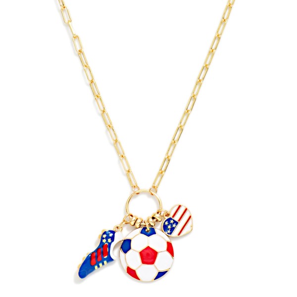Chain Link Necklace Featuring Hoop Pendant With Enamel Americana Soccer Charms 

- Approximately 16" L
- Extender 3" L
