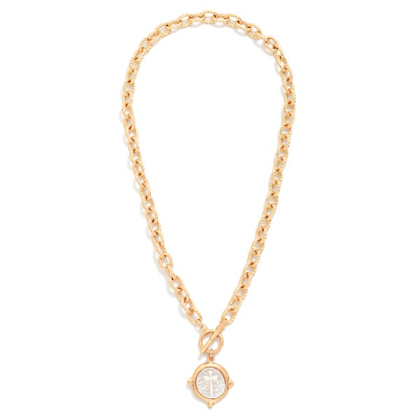 Twisted Link Chain Link Necklace Featuring Metal Tone Wax Seal Cross Pendant & Toggle Clasp 

- Approximately 16" L