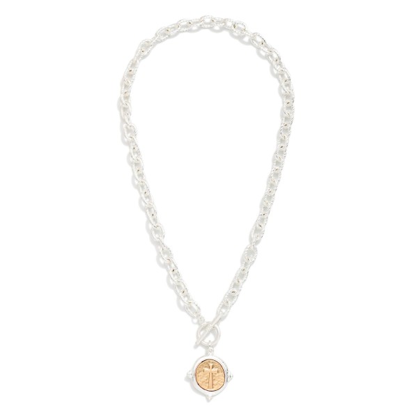 Twisted Link Chain Link Necklace Featuring Metal Tone Wax Seal Cross Pendant & Toggle Clasp 

- Approximately 16" L