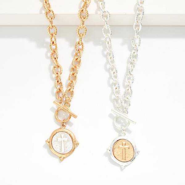 Twisted Link Chain Link Necklace Featuring Metal Tone Wax Seal Cross Pendant & Toggle Clasp 

- Approximately 16" L