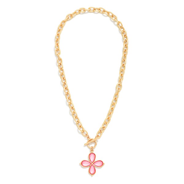 Twisted Link Chain Link Necklace Featuring Acetate Flower Pendant & Toggle Clasp 

- Approximately 16" L
