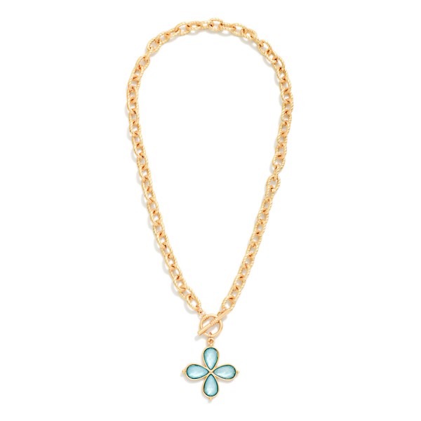 Twisted Link Chain Link Necklace Featuring Acetate Flower Pendant & Toggle Clasp 

- Approximately 16" L