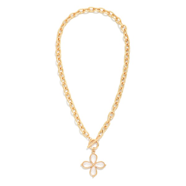 Twisted Link Chain Link Necklace Featuring Acetate Flower Pendant & Toggle Clasp 

- Approximately 16" L