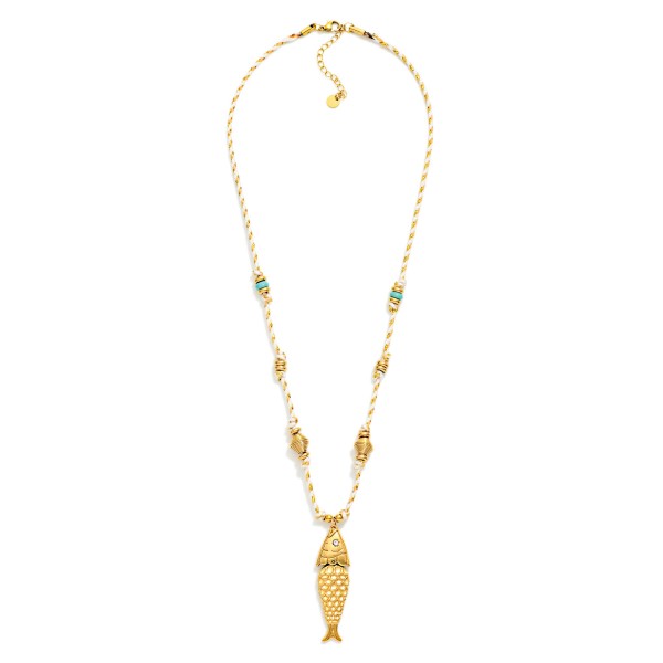 Do Everything In Love Rope & Tinsel Necklace Featuring Beaded Stations & Metal Tone Fish Pendant

-  Approximately 16" L
- Extender 3" L