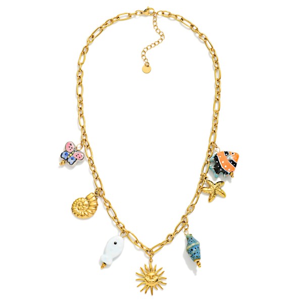 Do Everything In Love Chain Link Charm Necklace Featuring Metal Tone & Porcelain Bleach Charms 

- Approximately 14" L
- Extender 3" L