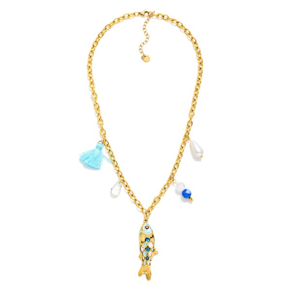 Do Everything In Love Chain Link Charm Necklace Featuring Stone, Pearl, & Metal Tone Fish Pendant 

- Approximately 14" L
- Extender 3" L